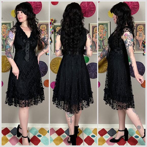 Vintage 1960s Black Polka Dot Tulle Ruffle Sleeveless Cocktail Dress - Picture 3 of 8
